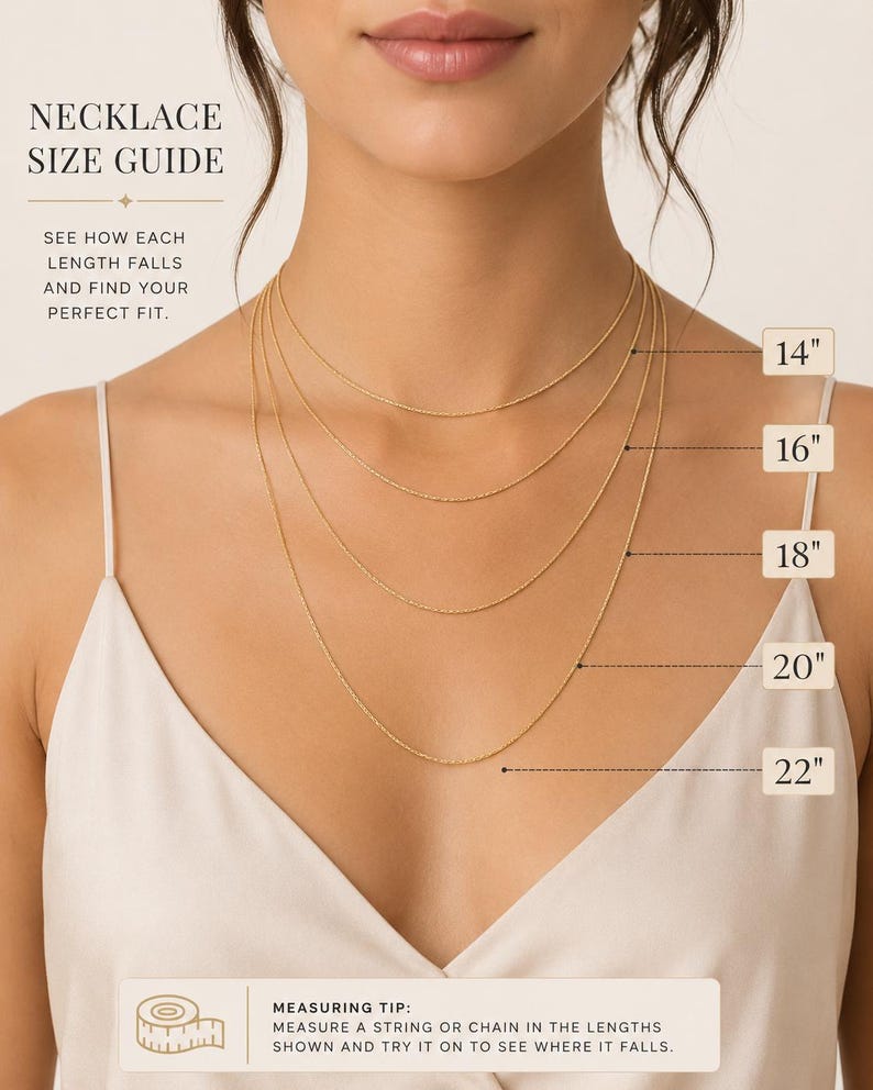May include: A necklace size guide featuring five gold chains of varying lengths labelled 14, 16, 18, 20, and 22 inches. The text reads NECKLACE SIZE GUIDE, SEE HOW EACH LENGTH FALLS AND FIND YOUR PERFECT FIT, and MEASURING TIP: MEASURE A STRING OR CHAIN.