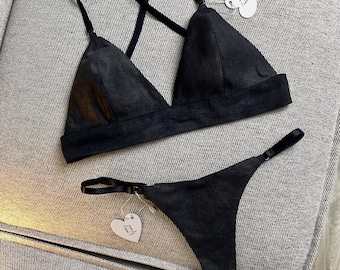 Leather Lingerie Set | Black Leather Bra and Thong | Leather Bralette Set | Handmade Leather Lingerie | Gift for Girlfriend