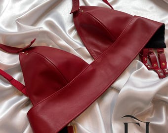 Red Leather Bralette Handmade Genuine Leather Lingerie Adjustable Straps Luxury Minimalist Bra