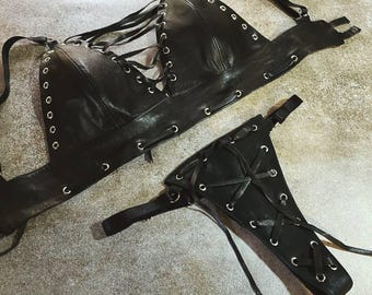 Leather Harness Bra Set | Leather Lingerie Set | Lace Up Leather Bralette | Genuine Leather Bra Panty Set | Handmade Black Leather Lingerie