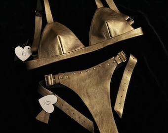 Gold Real Leather Lingerie Set – Handmade Bralette & Thong Festival and Rave Outfit
