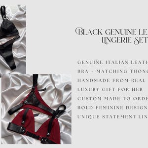May include: Black genuine leather lingerie set, including a bra and matching thong. The set is handmade from Italian leather and features a bold, feminine design. The image also includes the text "NOT FOR ATTENTION FOR POWER".