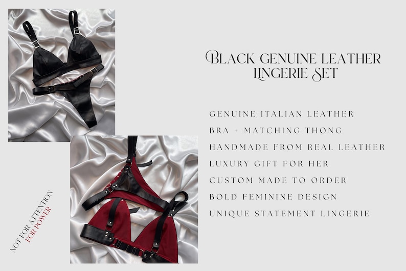 May include: Black genuine leather lingerie set, including a bra and matching thong. The set is handmade from Italian leather and features a bold, feminine design. The image also includes the text "NOT FOR ATTENTION FOR POWER".