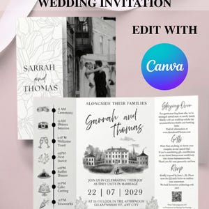 Puede incluir: Una invitación de boda desplegable totalmente editable. La invitación presenta los nombres "Sarrah and Thomas" en escritura elegante. El diseño incluye una línea de tiempo de eventos, una foto en blanco y negro y texto.