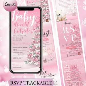Invitación editable "Hace frío afuera" para bebé de invierno, juego de invitaciones para baby shower en rosa, invitación para baby shower, invitación para baby shower de cuna con lazo rosa para niña