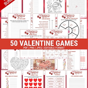 Puede incluir: Un conjunto de 50 juegos de San Valentín en formatos PDF, PNG, JPEG y editables. La imagen presenta varias hojas de juego, incluyendo Finish the Phrase, Dot Box Game, Ever or Never, Word Puzzle, Bingo, y más. Los juegos están diseñados para el Día de San Valentín.