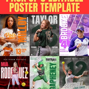 May include: A pack of eight editable softball poster templates. Each poster features a softball player with their name, position, and team details. The posters have a variety of color schemes and designs, with text such as "Senior 2026" and team names.