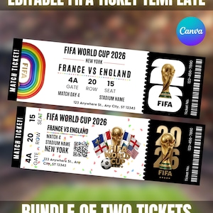 May include: Two editable FIFA World Cup 2026 ticket templates featuring France vs England match details, a rainbow FIFA logo, the World Cup trophy, national flags, a QR code, and placeholder text for gate, row, seat, and stadium information.