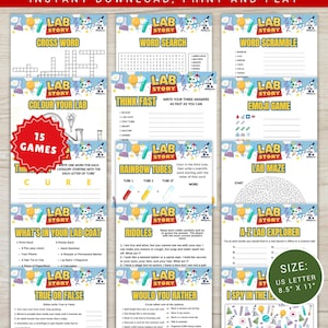 May include: A bundle of 15 printable Lab Story games, including crossword, word search, and maze activities. The games are designed for instant download and print, with a US Letter size of 8.5" x 11".
