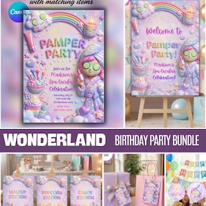 May include: A birthday party bundle with a spa theme. The invitation features a cartoon girl in a spa robe, with text that reads "Pamper Party". Other items include signs for makeup, popcorn, and candy stations, gift bags, and cupcakes.