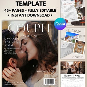 以下が含まれることがあります： 「Couple Magazine Template」というタイトルの雑誌テンプレート。テキストは「45+ページ、完全に編集可能、即時ダウンロード」。表紙にはキスをしているカップルがいます。追加ページには写真とテキストが表示され、Canvaのロゴが付いています。