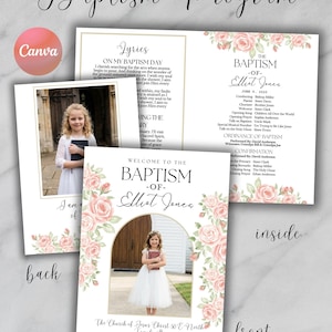 May include: Baptism program with a floral design. The front features a photo of a young girl in a white dress, framed by pink roses. Text includes "Welcome to the Baptism of Elliot Jones" and the date.