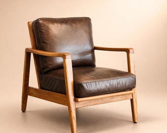 Handgefertigter Sessel aus Eichenholz und echtem Leder, Massivholz-Loungesessel, bequemes Sitzmöbel, hochwertiger Ledersessel