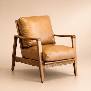 Handmade Oak Wood Brown Genuine Leather Chair, Solid Wood Armchair, Comfortable Lounge Seating, Premium Leather Furniture