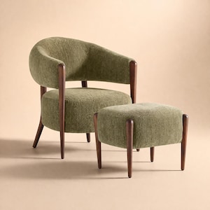 Handgemaakte stoel van eikenhout en stof met voetenbank, massief houten fauteuilset, gestoffeerde loungestoel, comfortabele stoel, gratis verzending