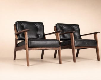 Handgjord loungegrupp i ek och äkta läder – 2 fåtöljer + fotpall (svart utgåva)