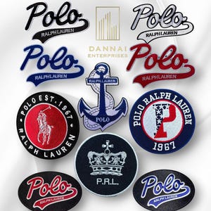 May include: A collection of embroidered patches featuring the "Polo Ralph Lauren" logo in various colors and designs. Includes an anchor, a crown, and a patch with a polo player. The patches are in black, red, blue, and white.