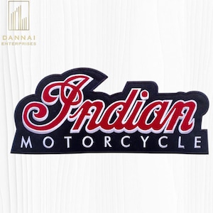 May include: Embroidered patch featuring the words "Indian MOTORCYCLE" in red and white lettering on a black background. The patch has a curved shape and a white border. The logo is a classic design.
