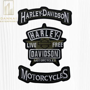 May include: Three black and white Harley-Davidson motorcycle patches. The top patch reads "HARLEY-DAVIDSON" in a curved banner. The middle patch says "HARLEY" above "LIVE FREE DAVIDSON MOTORCYCLES". The bottom patch says "MOTORCYCLES".