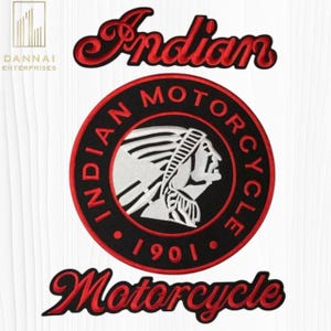 May include: Embroidered patches with the words "Indian Motorcycle" in red script. A circular patch features a Native American profile in white, surrounded by "Indian Motorcycle 1901" in red on a black background. The patches are likely for apparel.