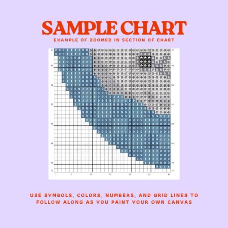 May include: A cross-stitch sample chart with the text "SAMPLE CHART" and "EXAMPLE OF ZOOMED IN SECTION OF CHART" in orange. The chart uses symbols, colors, numbers, and grid lines. The text "USE SYMBOLS, COLORS, NUMBERS, AND GRID LINES TO FOLLOW ALONG AS YOU PAINT YOUR OWN CANVAS" is at the bottom.