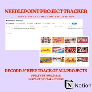 Könnte beinhalten: Eine digitale Vorlage zur Verfolgung von Kreuzstichprojekten auf Notion. Das Bild zeigt eine Notion-Oberfläche mit einer Projektliste und einem Raster von Süßigkeitenbildern. Der Text enthält "Needlepoint Project Tracker" und "Record & Keep Track of All Projects."