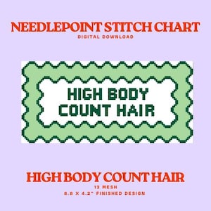 May include: A digital download needlepoint stitch chart with the text "HIGH BODY COUNT HAIR" in a green pixelated design. The finished design measures 8.8 x 4.2 inches. The text "NEEDLEPOINT STITCH CHART" is at the top.
