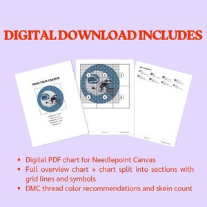 May include: Digital download includes a Penn State Coaster needlepoint chart. The chart features a blue and white design with grid lines and symbols. Includes DMC thread color recommendations and skein count.