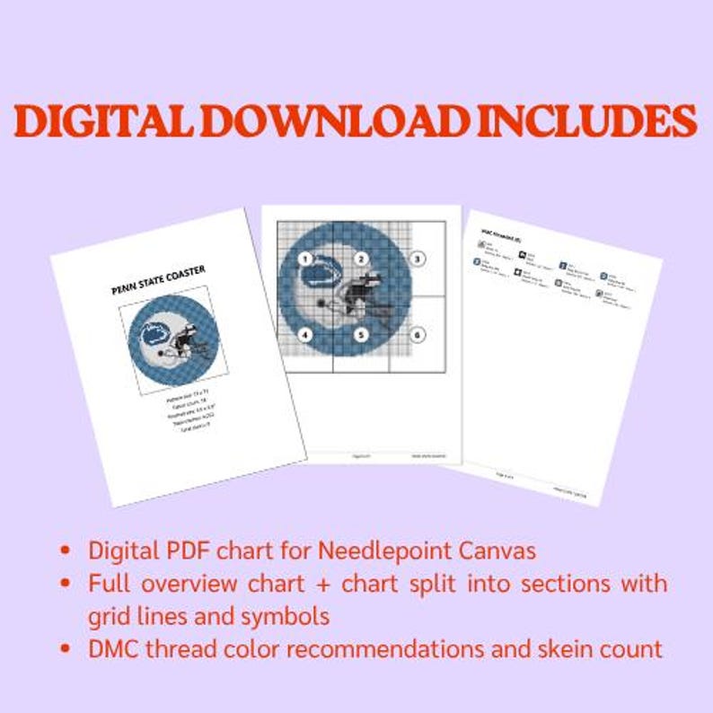 May include: Digital download includes a Penn State Coaster needlepoint chart. The chart features a blue and white design with grid lines and symbols. Includes DMC thread color recommendations and skein count.