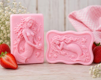 Set di saponi per bambini Fragolina Dolcecuore / Sapone al latte di capra con sirena e unicorno / Saponette rosa fatte a mano / Dolce profumo di fragola / Regalo per bambini