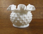 Vintage Fenton 4 quot Vase White Milk Glass Hobnail Ruffled Crimped Edge Ball Shape
