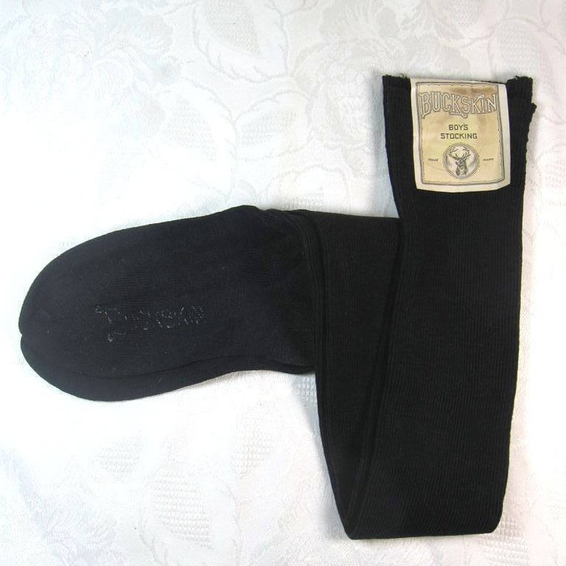 Antique PAIR Buckskin Brand Boys Black 21 Long Heavy Hosiery Stockings Socks with Original Label Unused New Old Stock NOS