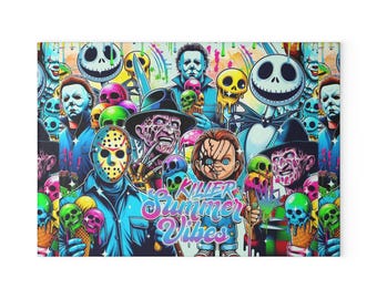 May include: A rectangular canvas print featuring a colorful collage of horror movie characters. The artwork includes Freddy Krueger, Jason Voorhees, Chucky, and others, holding ice cream cones. The text "Killer Summer Vibes" is displayed in a stylized font.