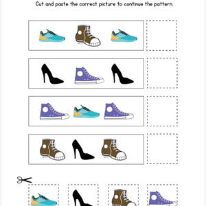 May include: A worksheet titled "Pattern sheets" with instructions to cut and paste pictures to continue the pattern. The patterns feature illustrations of shoes, including sneakers, boots, and high heels. A pair of scissors is at the bottom.