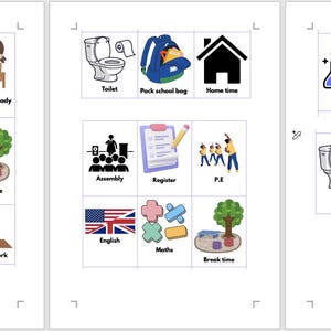 May include: A collection of illustrated cards depicting school-related activities. The cards include images and text such as "Arrive at school," "Unpack school bag," "Time for work," and "Lunch time." Other cards show "Toilet," "Assembly," and "P.E."