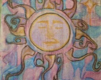 Watercolor Sun Painting, Abstract Sky, Glitter Stars Wall Art