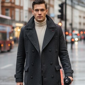 チャコールグレーのウールトレンチコート：メンズダブルブレストオーバーコート