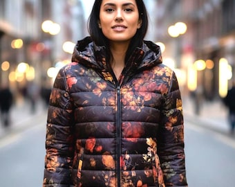 Jaqueta puffer floral feita à mão – Casaco de inverno leve com capuz
