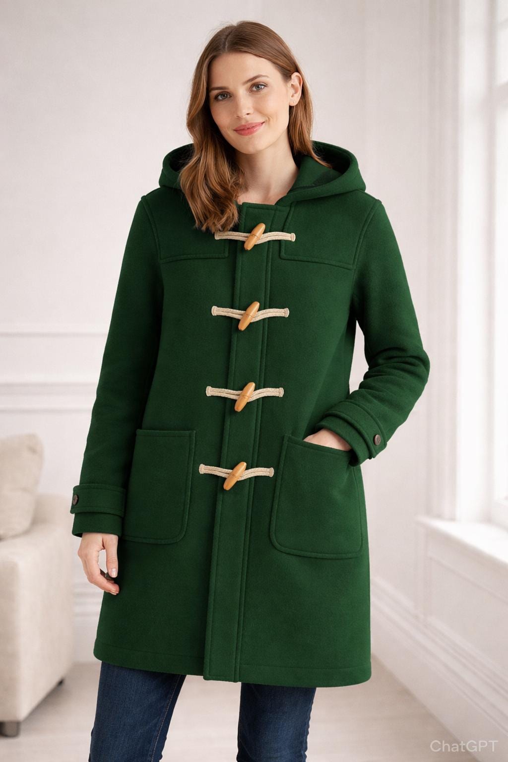 Women's Wool Duffle Coat With Hoodie – Pink & Green – Long Hooded