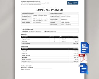 May include: A white document titled EMPLOYEE PAYSTUB for Crestline Automotive Group, Inc. featuring employee James R. Mitchell, ID EMP-00472, with earnings, deductions, and net pay details. Three file icons for Word, PDF, and DOC formats are displayed.
