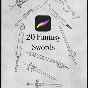 May include: Line art illustration of 20 fantasy swords in various designs. The image includes a Procreate app icon and the text "20 Fantasy Swords". The swords are in different shapes and sizes, with detailed handles and blades.