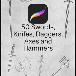 May include: Line art illustration of various weapons including swords, knives, daggers, axes, and hammers. The image includes the text "50 Swords, Knives, Daggers, Axes and Hammers" and a colorful logo on a black background.