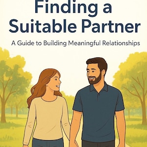 Pode incluir: Ilustração de um casal de mãos dadas caminhando por um caminho. A imagem apresenta o texto "Finding a Suitable Partner: A Guide to Building Meaningful Relationships". O fundo mostra árvores e um céu ensolarado.