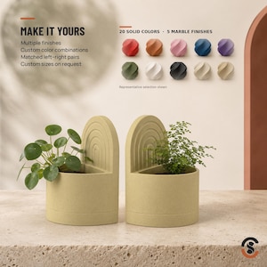 Two light beige bookend planters, each with a small green plant, and a color palette showing 20 solid colors and 5 marble finishes.