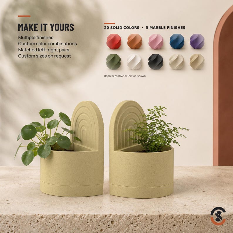 Two light beige bookend planters, each with a small green plant, and a color palette showing 20 solid colors and 5 marble finishes.