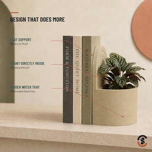 A light beige bookend planter with a small green plant, holding up three books, with text overlay "DESIGN THAT DOES MORE FLAT SUPPORT Books sit flush PLANT DIRECTLY INSIDE No separate pot HIDDEN WATER TRAY Removable base tray."