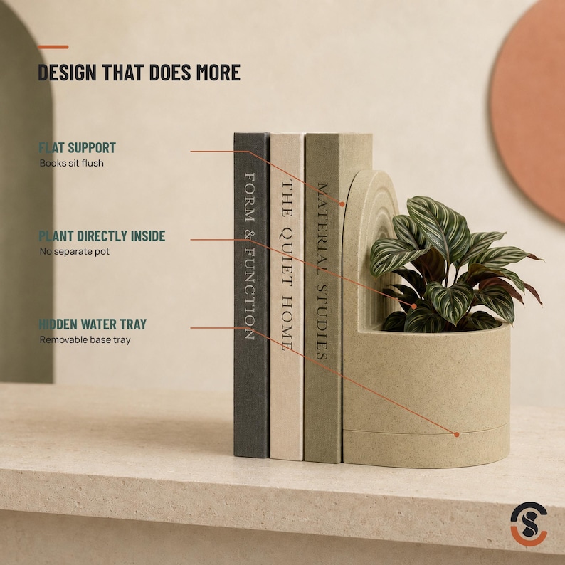 A light beige bookend planter with a small green plant, holding up three books, with text overlay "DESIGN THAT DOES MORE FLAT SUPPORT Books sit flush PLANT DIRECTLY INSIDE No separate pot HIDDEN WATER TRAY Removable base tray."