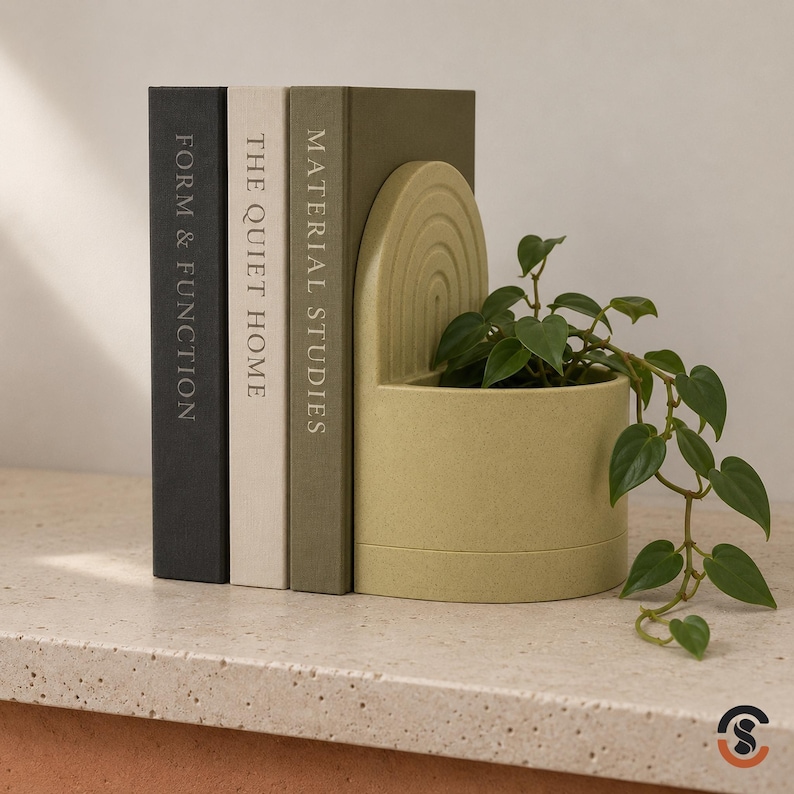 A single light green, curved bookend with a planter holding a green leafy plant, next to three books on a light-colored speckled counter.