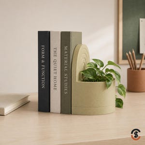 A light beige bookend planter with a green plant, holding up three books with spines reading "FORM & FUNCTION," "THE QUIET HOME," and "MATERIAL STUDIES."
