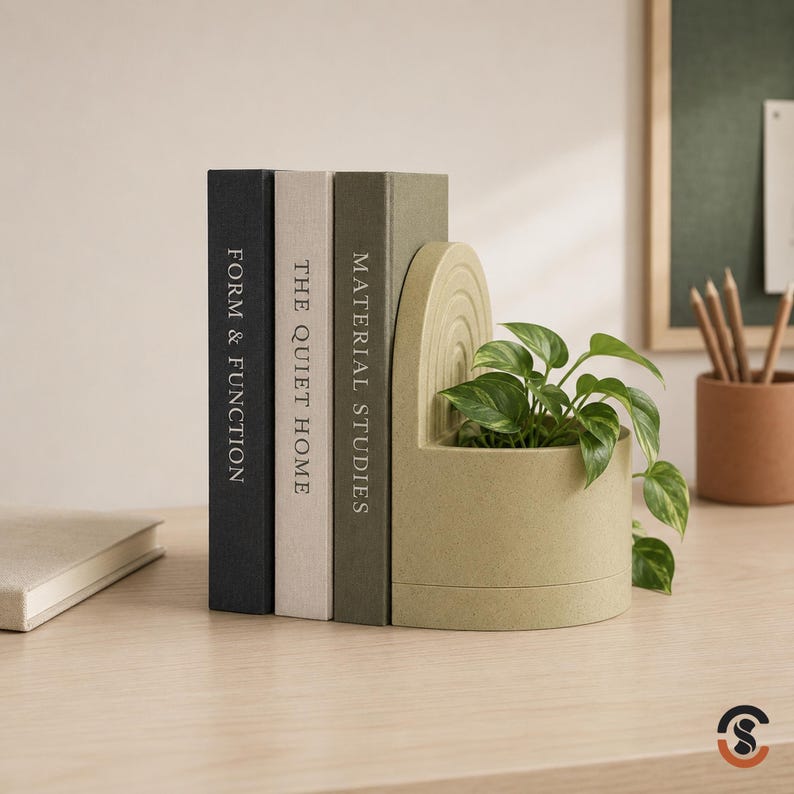 A light beige bookend planter with a green plant, holding up three books with spines reading "FORM & FUNCTION," "THE QUIET HOME," and "MATERIAL STUDIES."